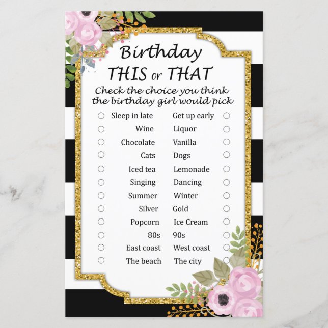 Black White Striped Birthday this or that game (Front)