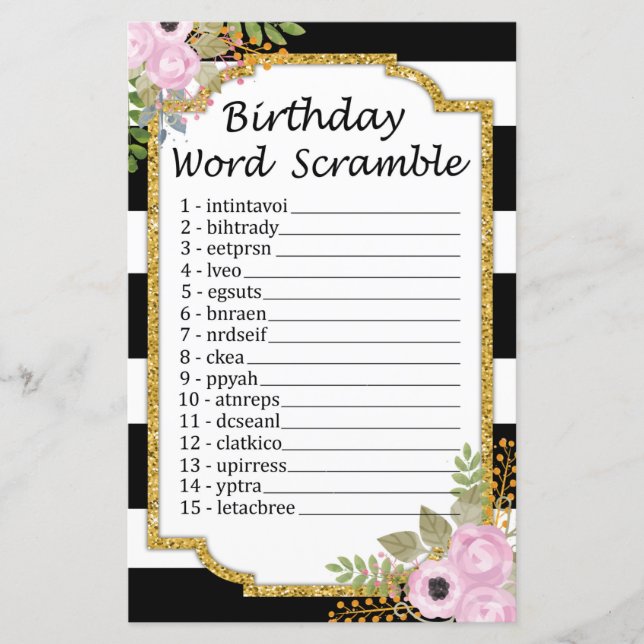 Black White Striped Birthday Word Scramble Game (Front)