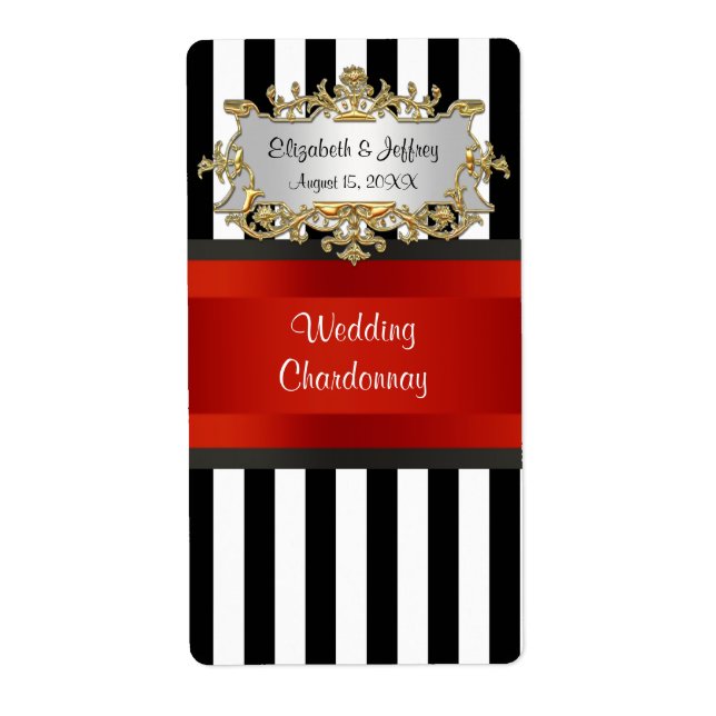 Black White Striped Black Red Ribbon Wine Label (Front)