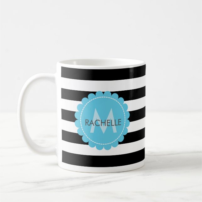 Black, White, striped  Blue flower monogram name. Coffee Mug (Left)