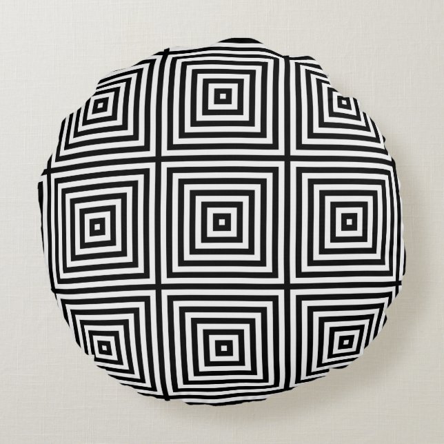 Black & White Striped Box Repeat Pattern Round Cushion (Back)