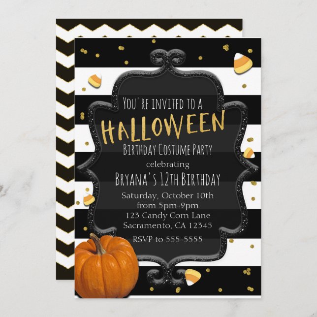 Black & White Striped Candy Corn Halloween Party Invitation (Front/Back)