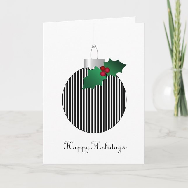 Black White Striped Christmas Holly Ornament Holiday Card (Front)