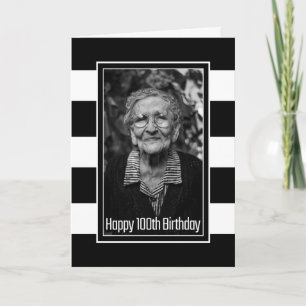 Black White Striped Custom Photo 100th Birthday Card
