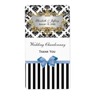 Black White Striped Damask Lt Blue Wine Label