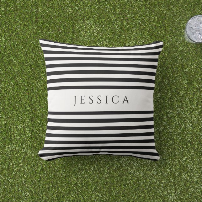 Black & White Striped Farmhouse Pattern Name Cushion (Grass)