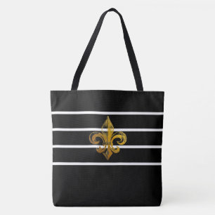 BLACK & WHITE STRIPED FLEUR DE LIS DESIGN TOTE BAG