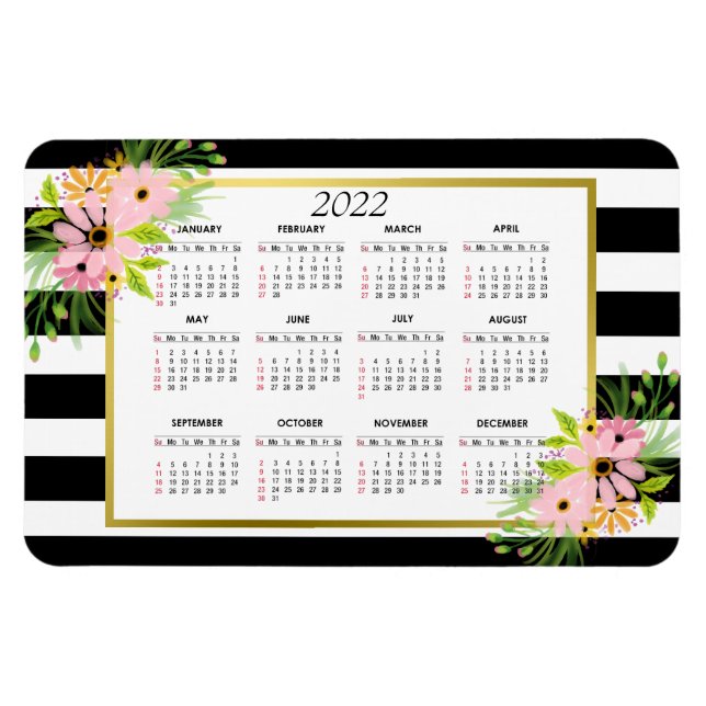 Black White Striped Floral Gold  | 2022 Calendar Magnet (Horizontal)