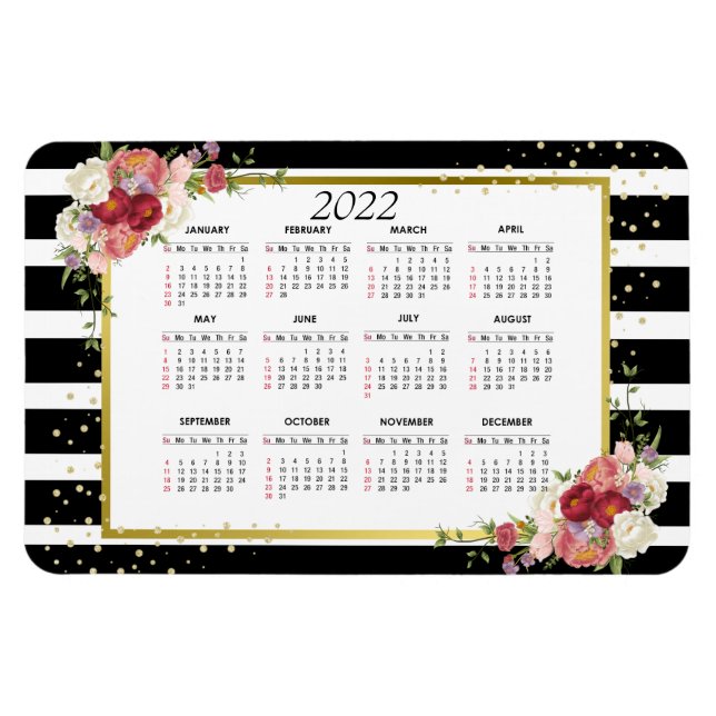 Black White Striped Floral Gold | 2022 Calendar Magnet (Horizontal)