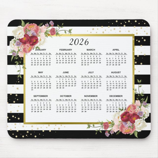 Black White Striped Floral Gold - 2022 Calendar Mouse Mat (Front)