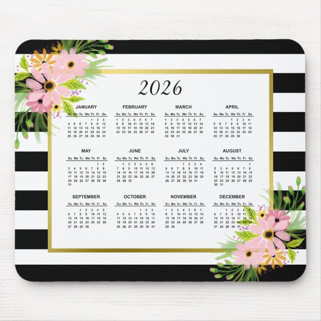 Black White Striped Floral Gold  | 2022 Calendar Mouse Mat (Front)