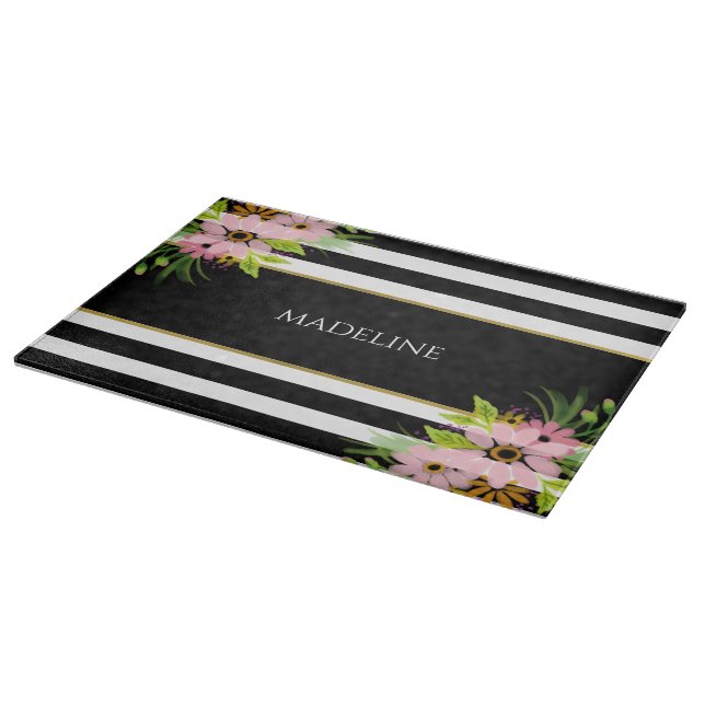 Black White Striped Floral Gold | Personalised Cutting Board (Corner)