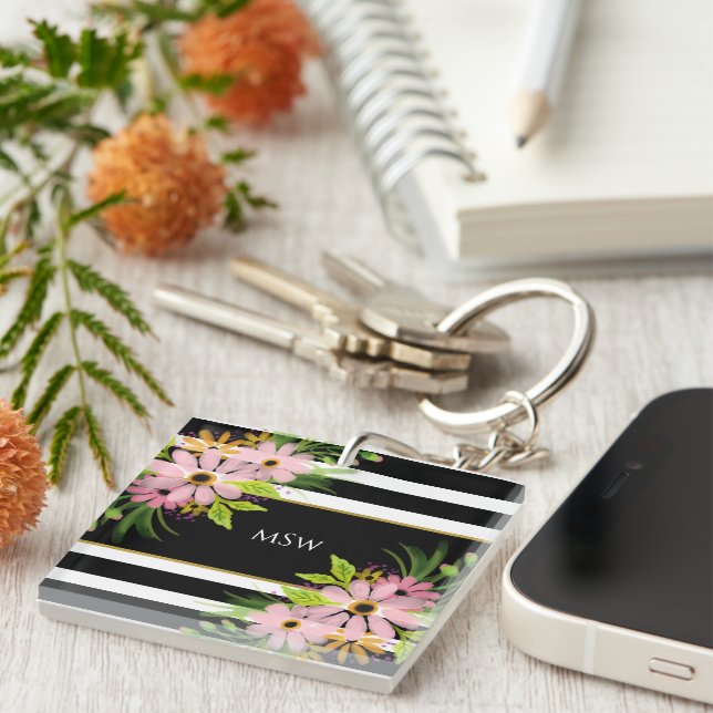 Black White Striped Floral Gold Personalised Key Ring (Front Right)