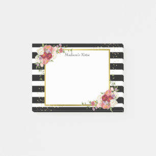 Black White Striped Floral Gold Personalised Post-it Notes