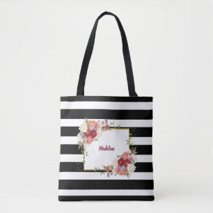 Black White Striped Floral Gold   Personalised Tote Bag