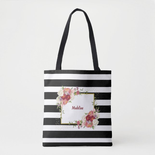 Black White Striped Floral Gold | Personalised Tote Bag (Front)
