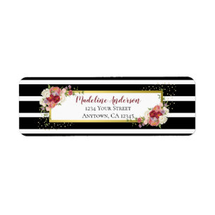 Black White Striped Floral Gold Return Address