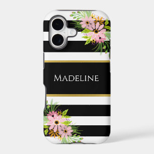 Black White Striped Floral Gold Stylish