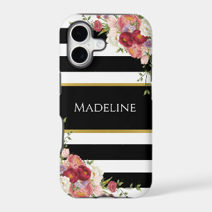 Black White Striped Floral Gold Stylish