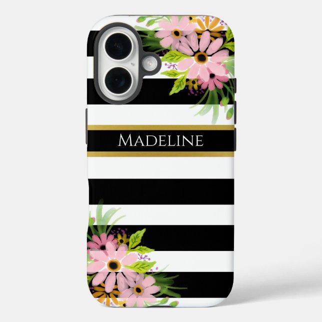 Black White Striped Floral Gold | Stylish Case-Mate iPhone Case (Back)