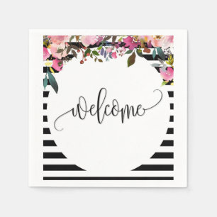 Black + White Striped Floral Paper Cocktail Napkin