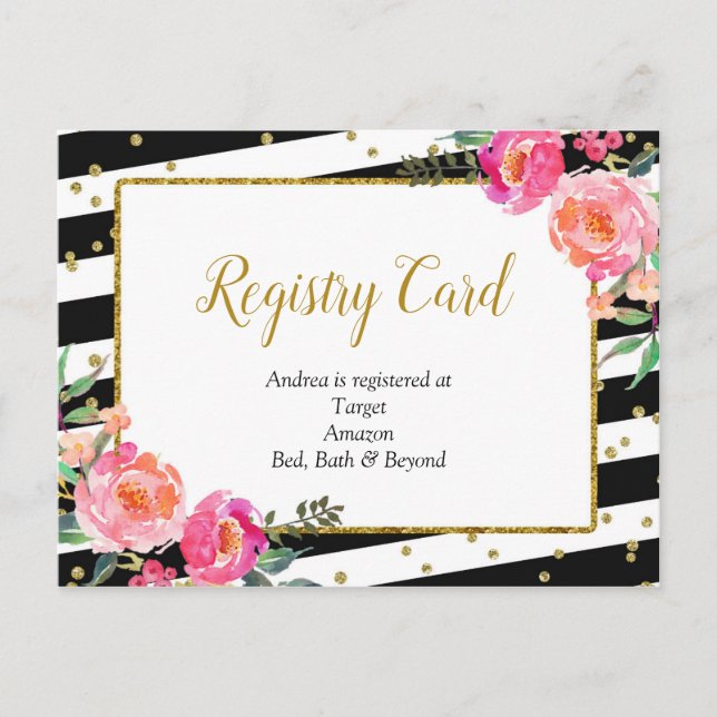 Black White Striped Floral Registry Card (Front)