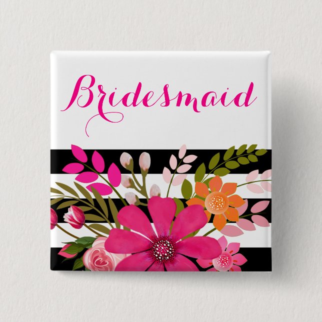 Black White Striped Flowers Bridesmaid | fuchsia 15 Cm Square Badge (Front)