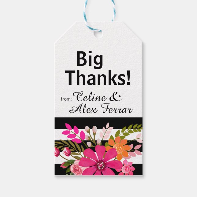 Black & White Striped Flowers Gift Tag | fuchsia (Front)