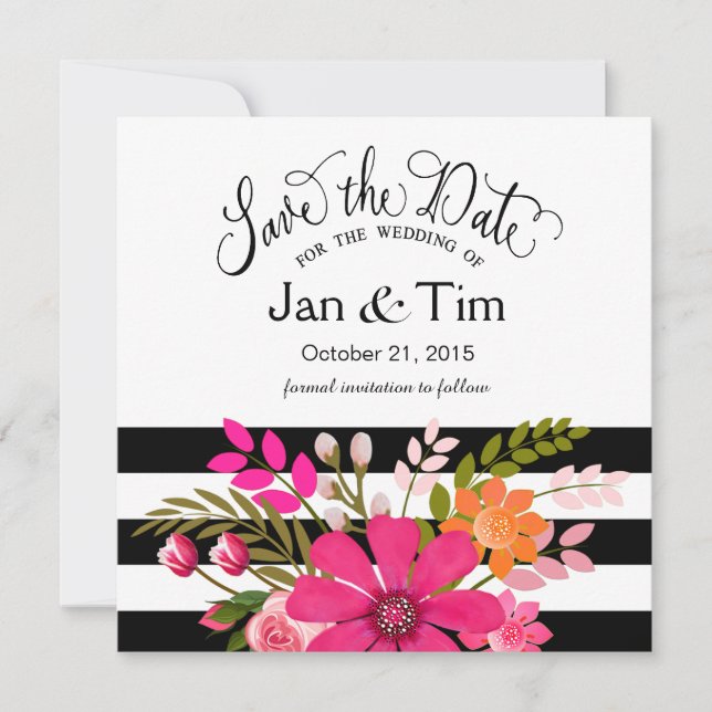 Black White Striped Flowers Save the Date fuchsia (Front)