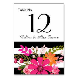 Black & White Striped Flowers Table Card   fuchsia