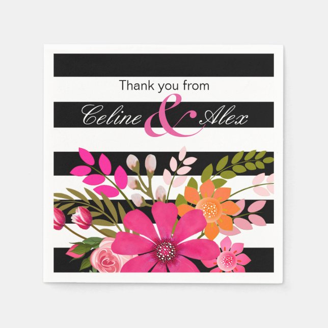 Black & White Striped Folklore Flowers | fuchsia Napkin (Front)