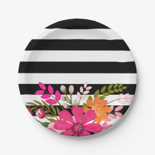 Black & White Striped Folklore Flowers   fuchsia Paper Plate