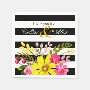 Black & White Striped Folklore Flowers   yellow Napkin