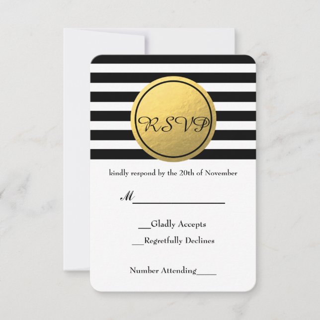 Black & White Striped Gold Foil Circle RSVP Card (Front)
