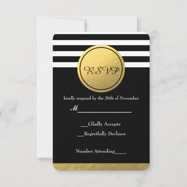 Black & White Striped Gold Foil Circle RSVP Card (Front)