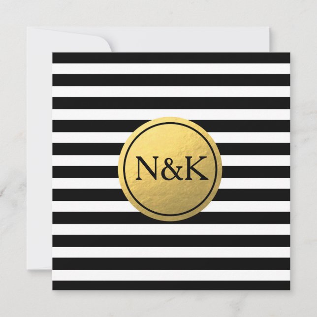 Black White Striped & Gold Foil Wedding Invitation (Front)