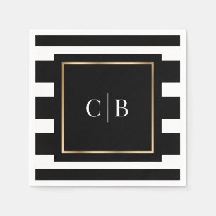 Black White Striped Gold Frame Monogram Wedding Napkin