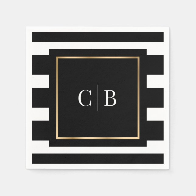 Black White Striped Gold Frame Monogram Wedding Napkin (Front)