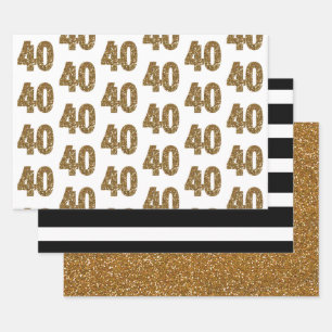 Black White Striped Gold Glitter 40th Birthday Wrapping Paper Sheet