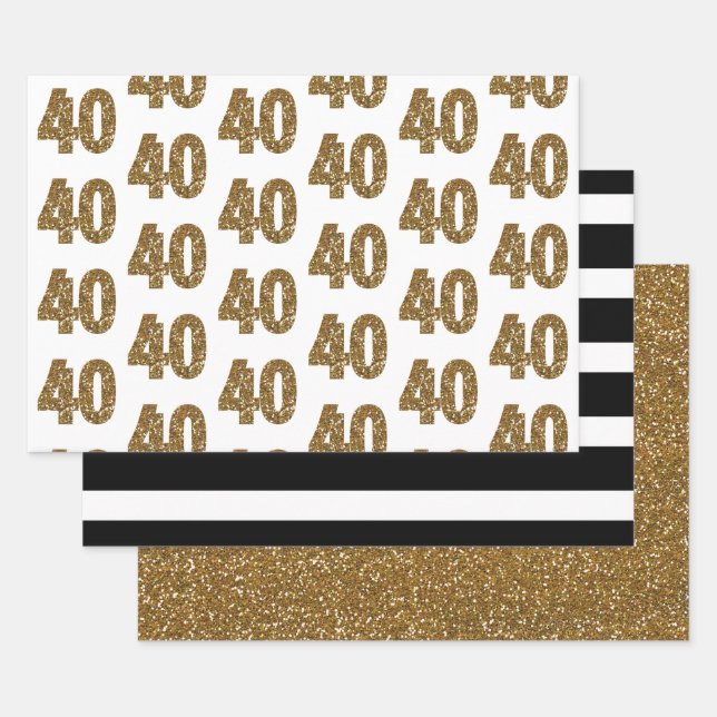 Black White Striped Gold Glitter 40th Birthday Wrapping Paper Sheet (Set)