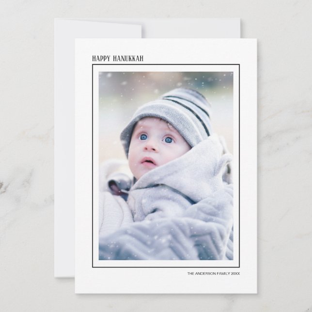 Black & White Striped Happy Hanukkah Family Photo Holiday Card (Front)