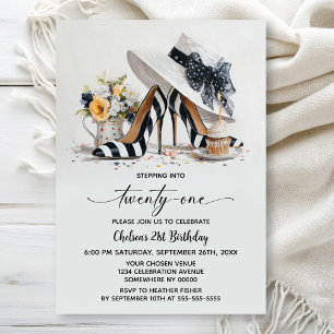 Black White Striped High Heel Shoes 21st Birthday Invitation