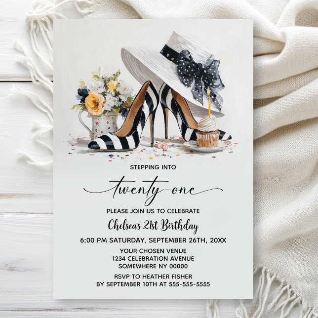 Black White Striped High Heel Shoes 21st Birthday Invitation (Creator Uploaded)