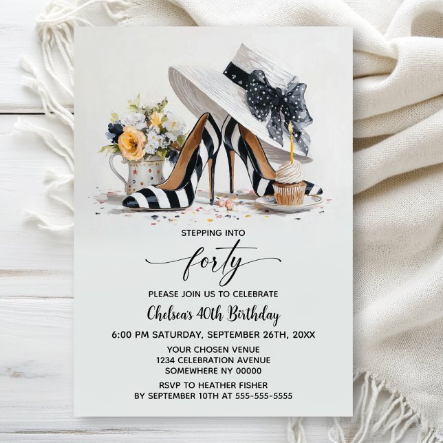 Black White Striped High Heel Shoes 40th Birthday Invitation (Creator Uploaded)