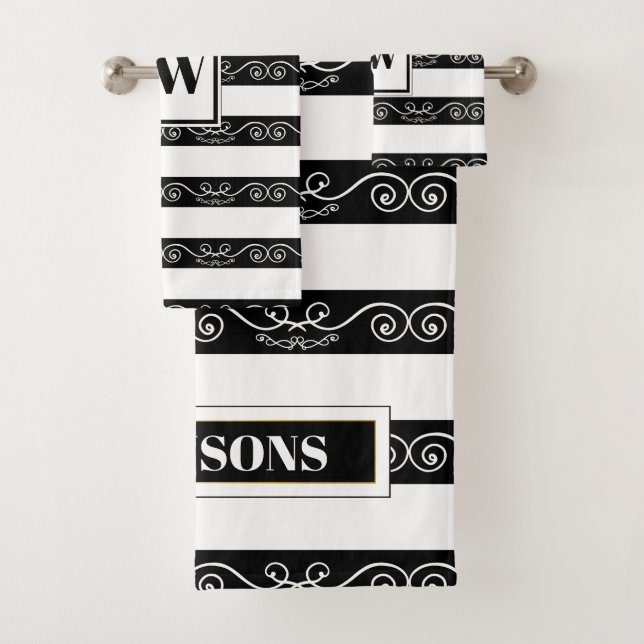 Black White striped Monogram Bath Towel Set (Insitu)