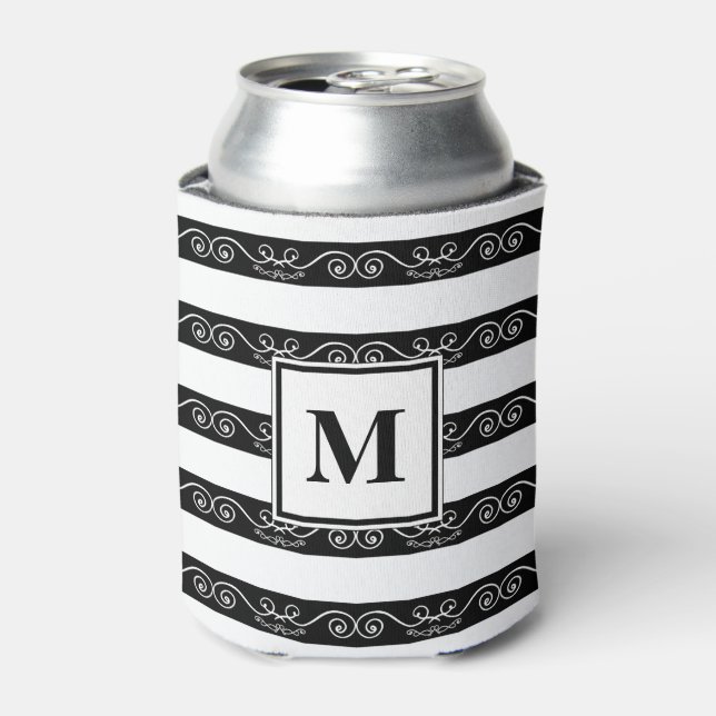 Black White striped Monogram design Can Cooler (Can Front)