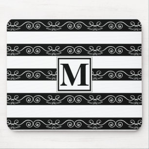 Black White striped Monogram design Mouse Mat