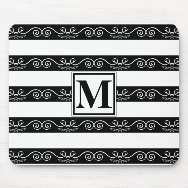 Black White striped Monogram design Mouse Mat (Front)