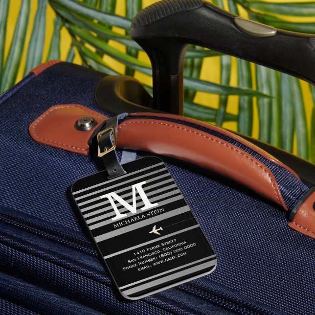 Black & White Striped Monogram Luggage Tag (Front Insitu 1)