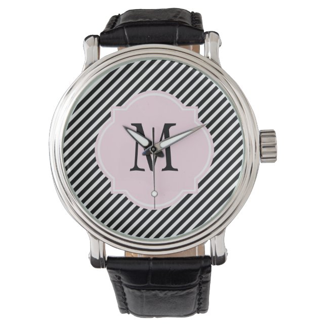 Black & White Striped Monogram Watch (Front)